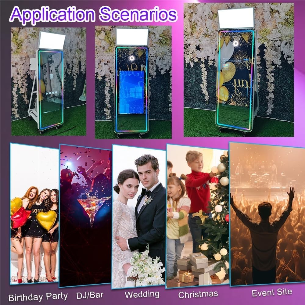 63” Mirror Photo Booth,32” Interactive Touch Screen with Square Light and RGB