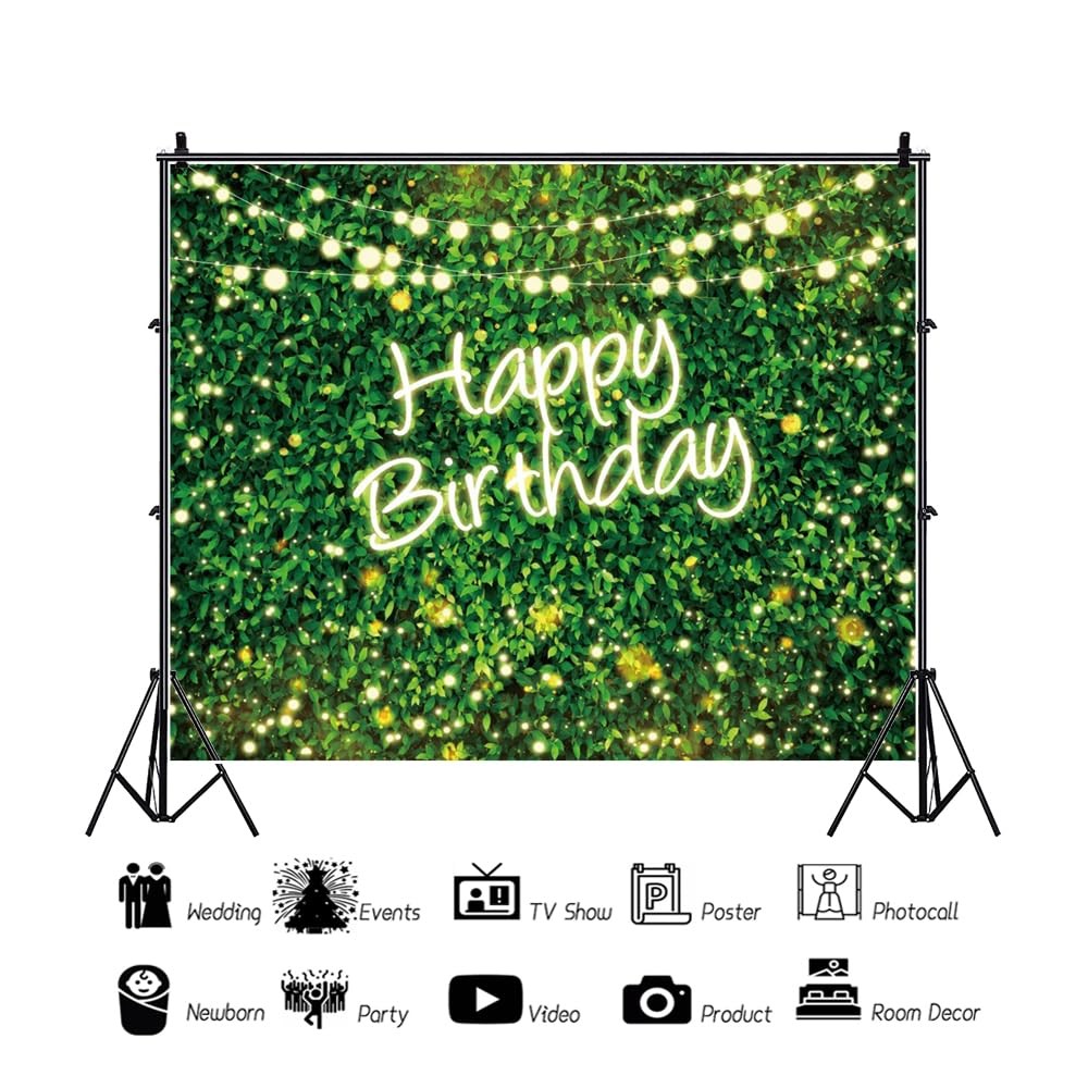 10x8FT Greenery Happy Birthday Backdrop Green Grass Spring Photo Background