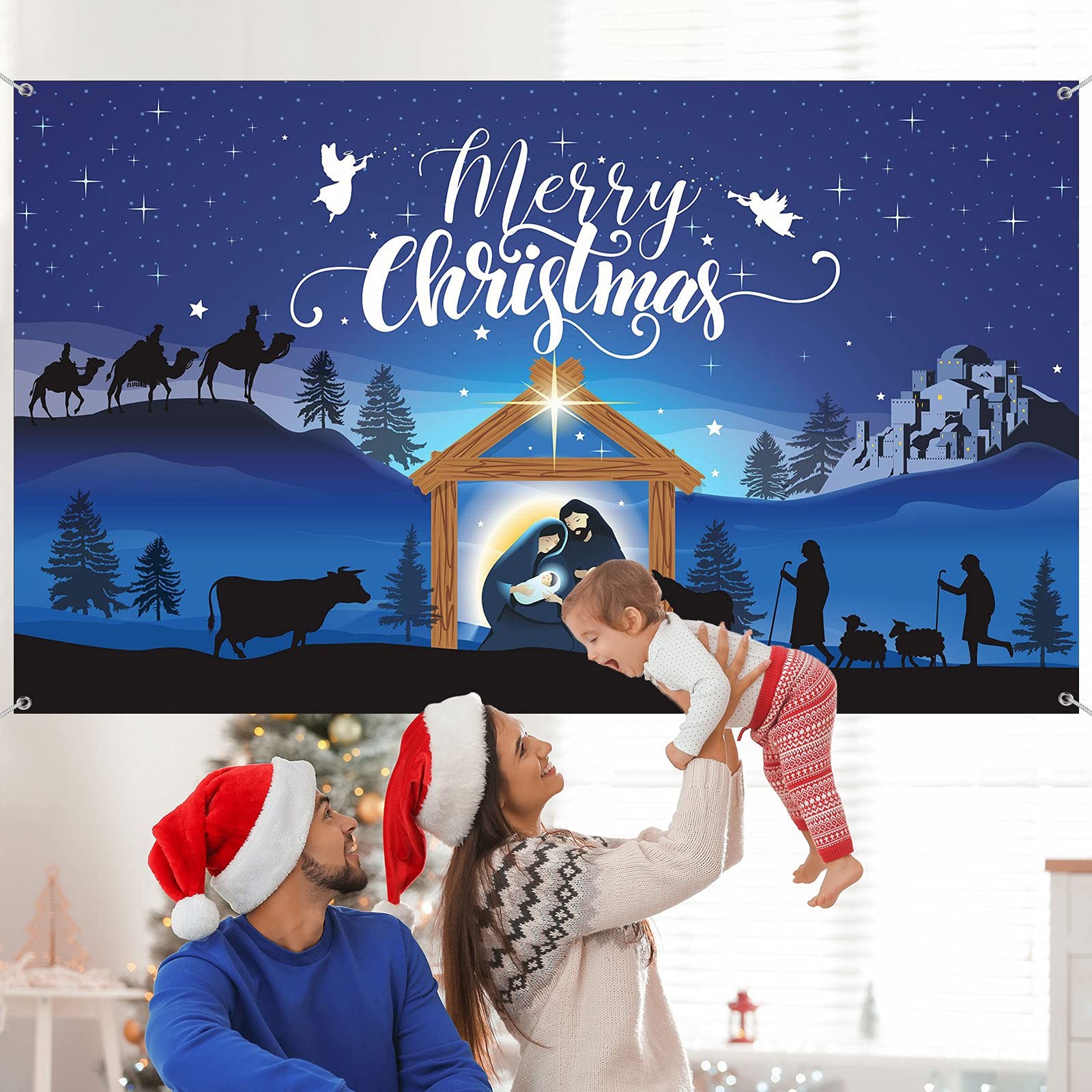 Merry Christmas Nativity Scene Banner – Large Blue Backdrop Large, Blue,White