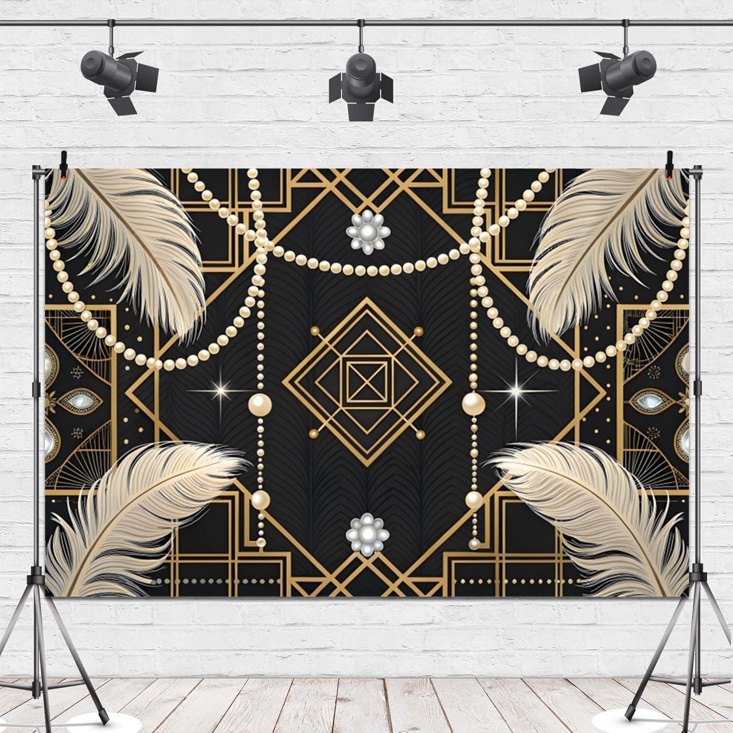 10x7ft Vinyl Retro Black Gold 1920s Roaring 20s Feather Photography Backdrop
