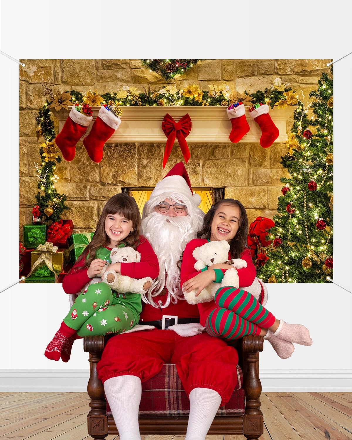 7x5ft Christmas Fireplace Photography Backdrop, Tree Gift Box Holiday Background