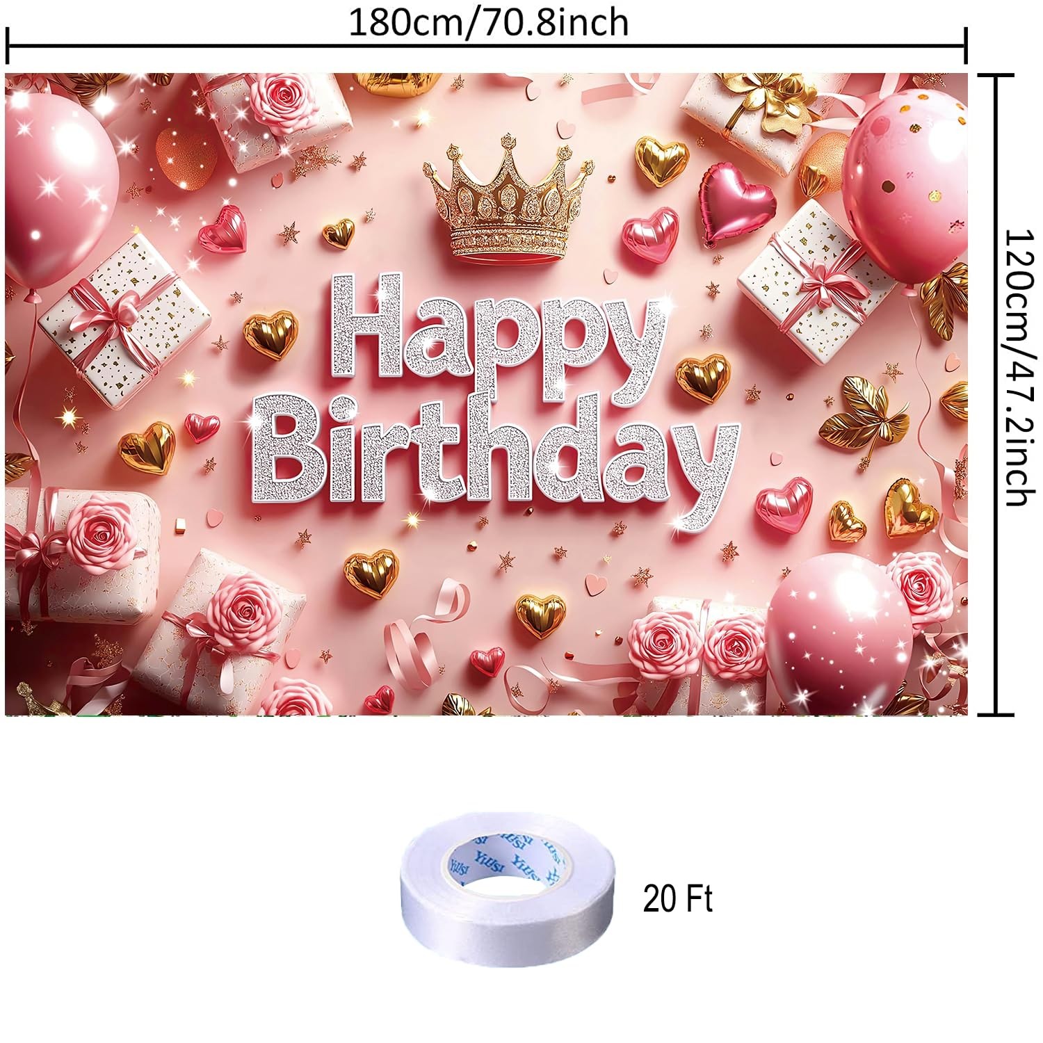 Pink Happy Birthday Backdrop Banner Gold 70.8 x 47.2 Inch,