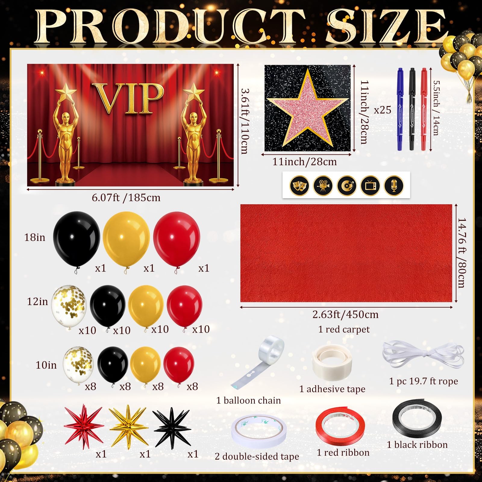 108 Pcs VIP Theme Party Decorations – Red Carpet with VIP Photo Backdrop Star…