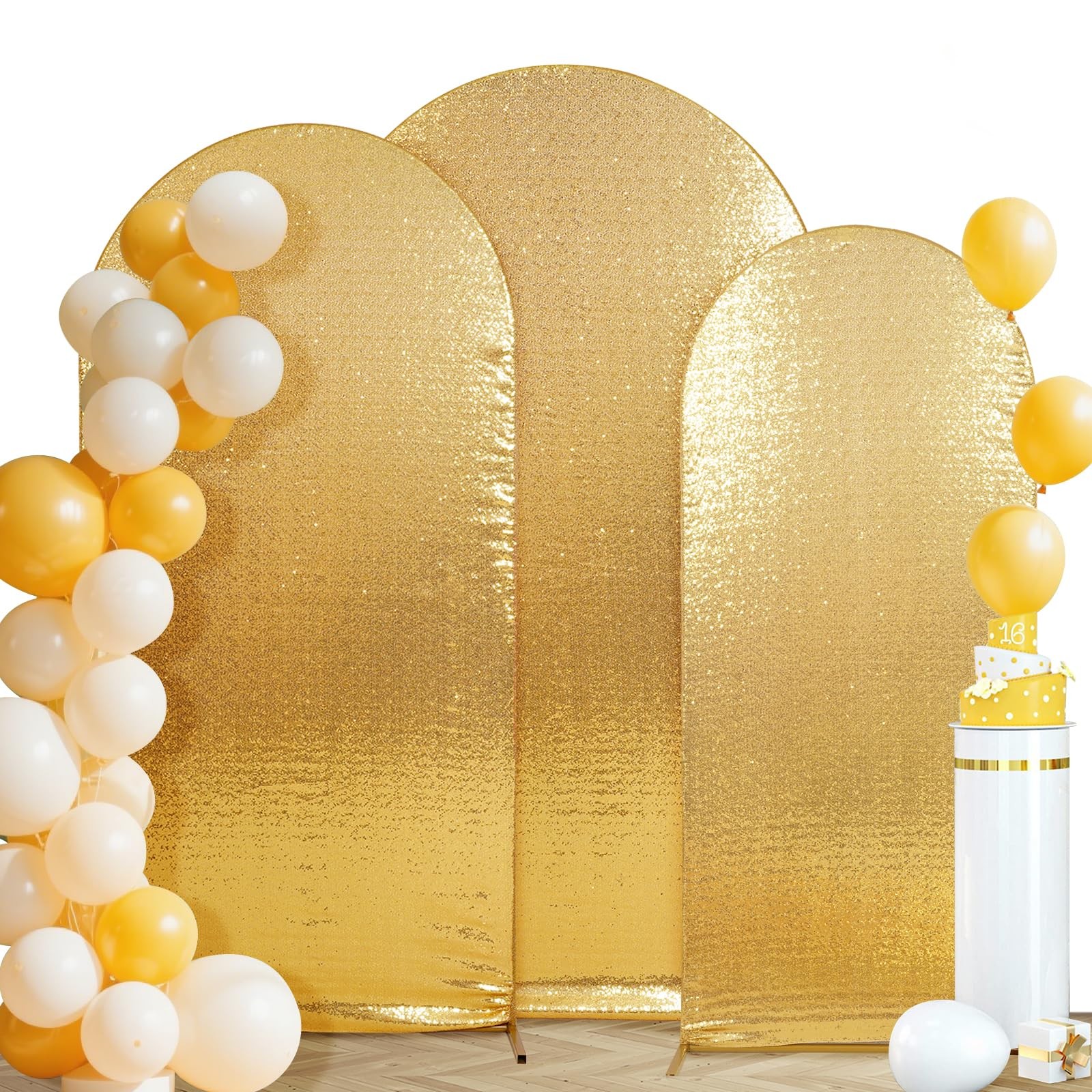 Arch Backdrop Cover Set of 3, 7.2FT 6.6FT 6FT Gold Bling Sequin Backdrop, Rou…