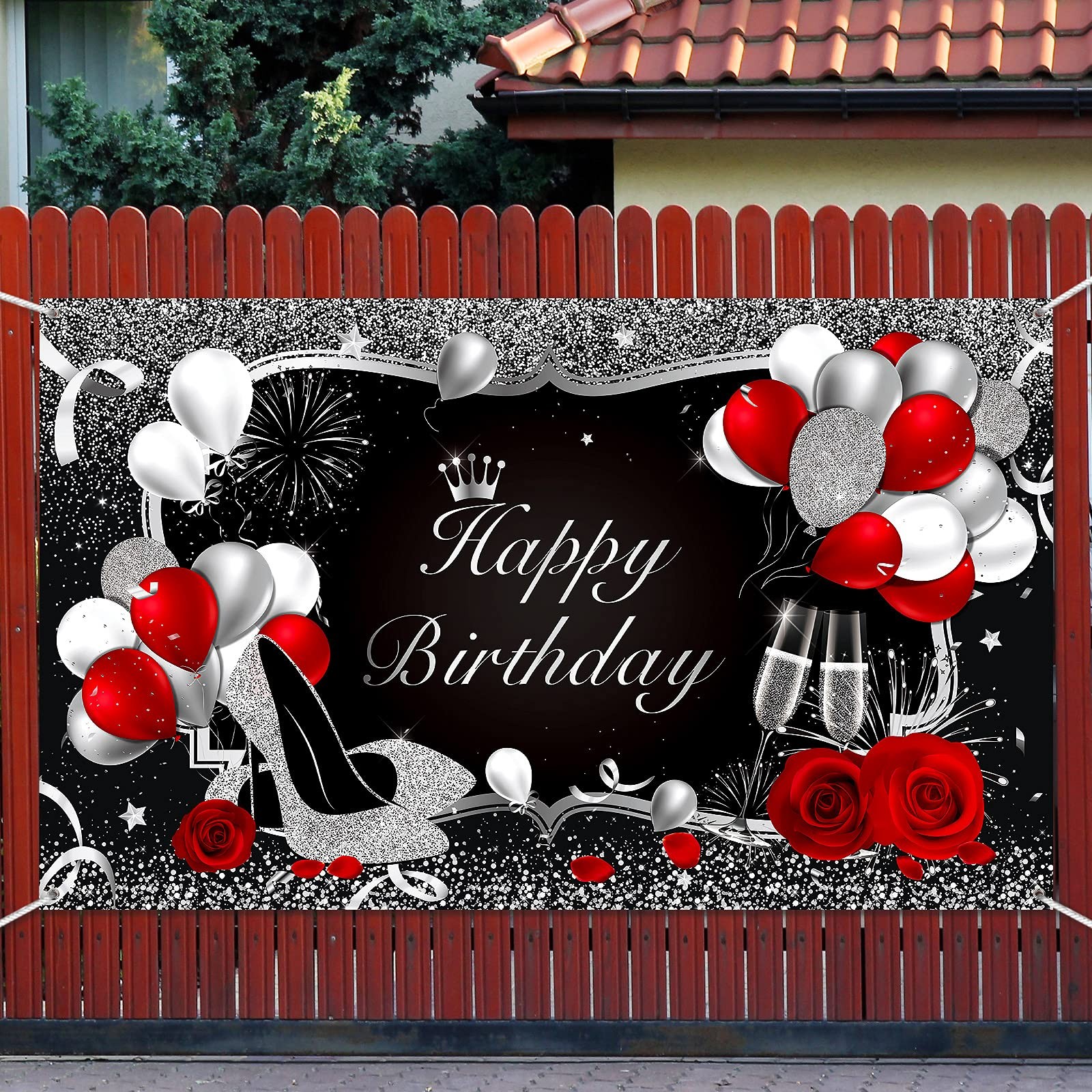 Irenare Happy Birthday Banner Red Backdrop Large, Rose