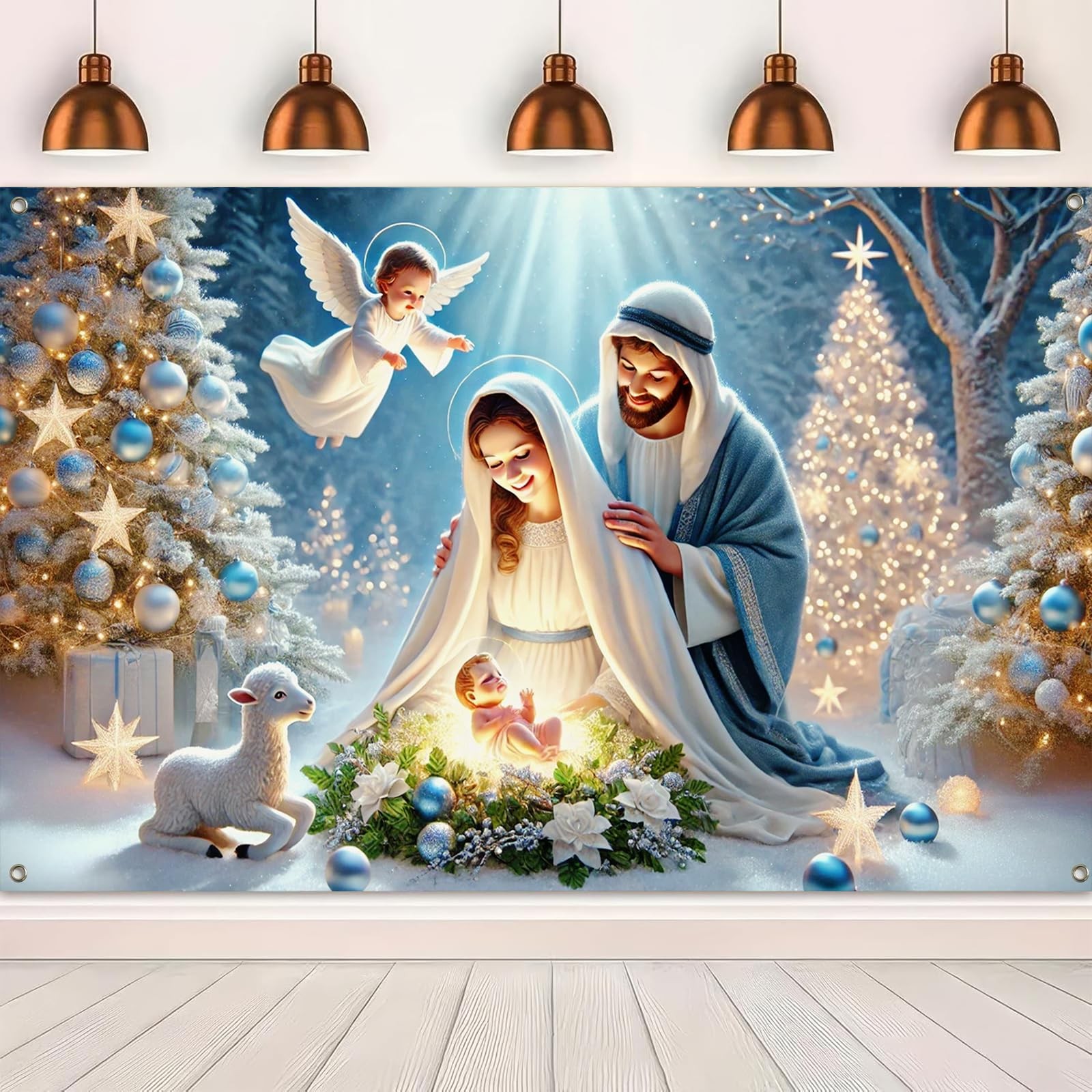 Nativity Christmas Banner 71×43 Inch Holy Family Backdrop with Baby Jesus Ang…