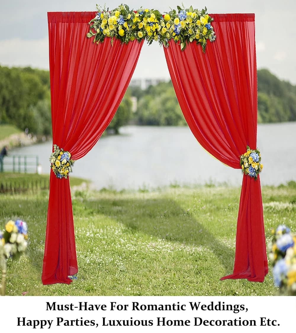 2 Panels Red Chiffon Backdrop Curtain 29×96 Inch Wedding Drapes Beach Voile