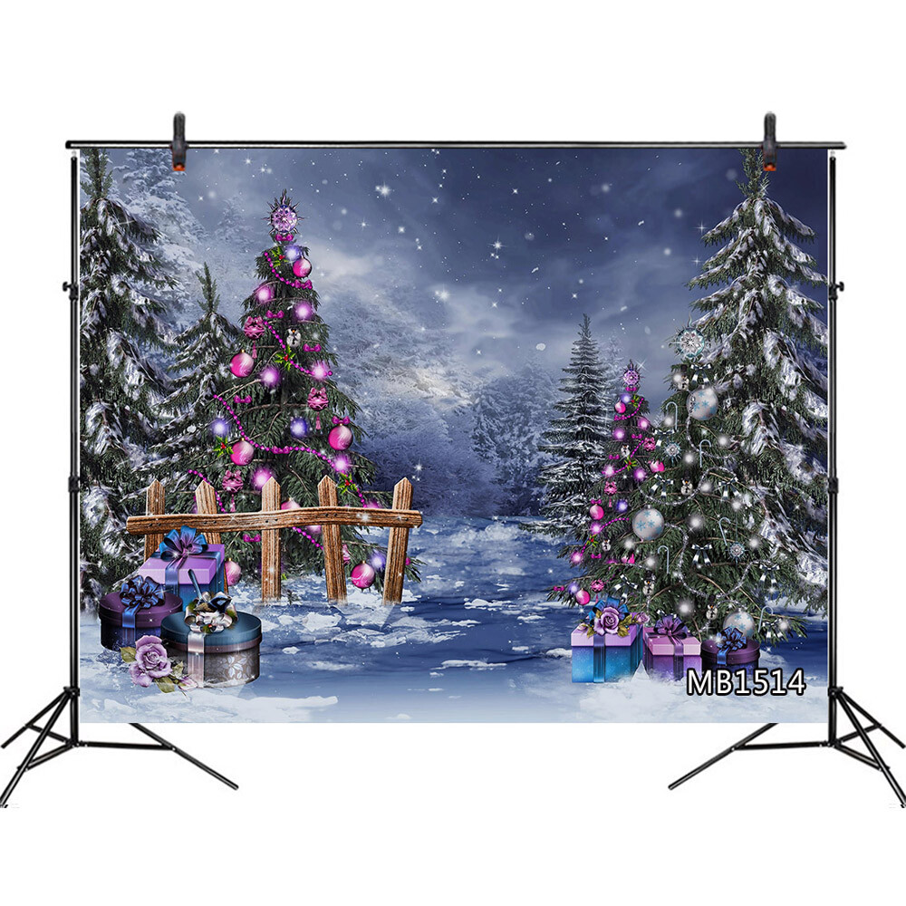 Winter Snow Forest Backdrop Purple Christmas Ball Gifts Background Studio Props