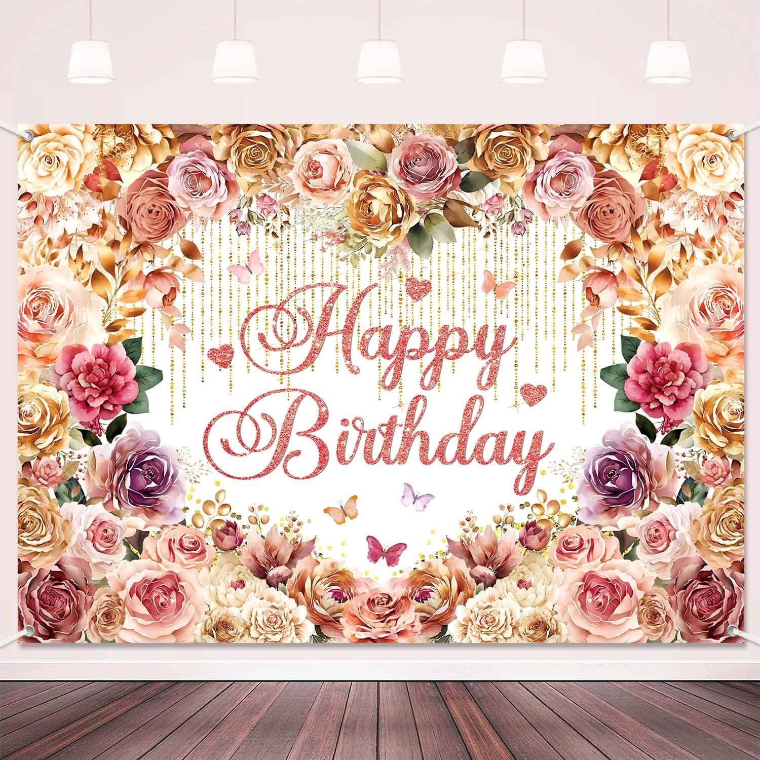Pink Flower Happy Birthday Banner Backdrop Rose Gold Party Decorations 5x3Ft
