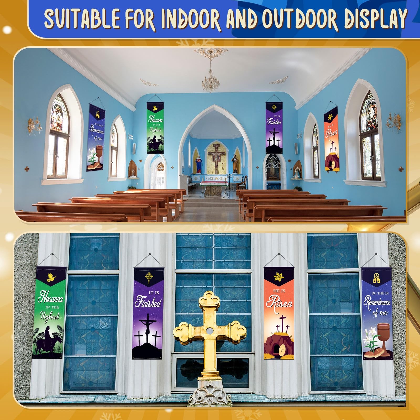 4 Pcs Easter Church Banners, 2 x 6 Feet Resurrection of Jesus Banner for Sanc…