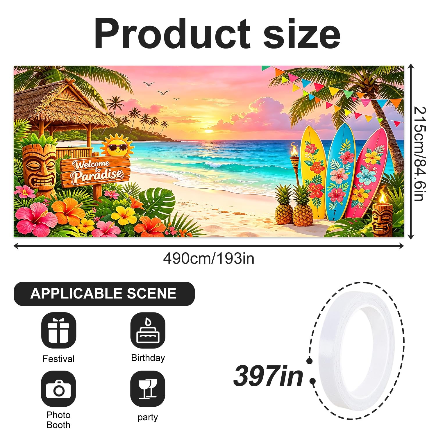 Tropical Paradise Garage Door Banner 7 x 16 FT,Extra Large Hawaiian Luau Part…