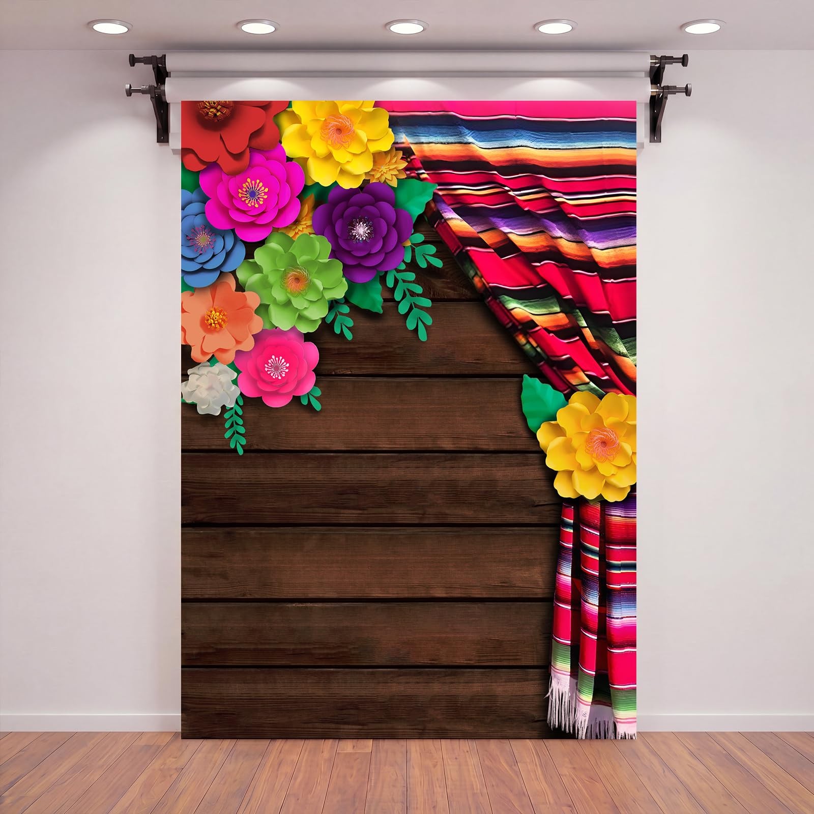8x5ft Mexican Fiesta Theme Backdrop Cinco De Mayo Flowers Wood Grain Photo Prop