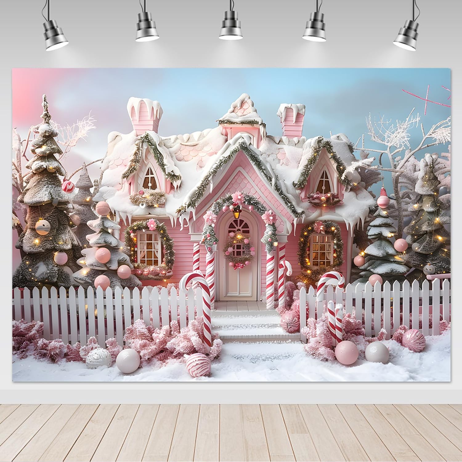 7x5ft Pink Christmas House Backdrop Cane Candy Winter Party Photo Background