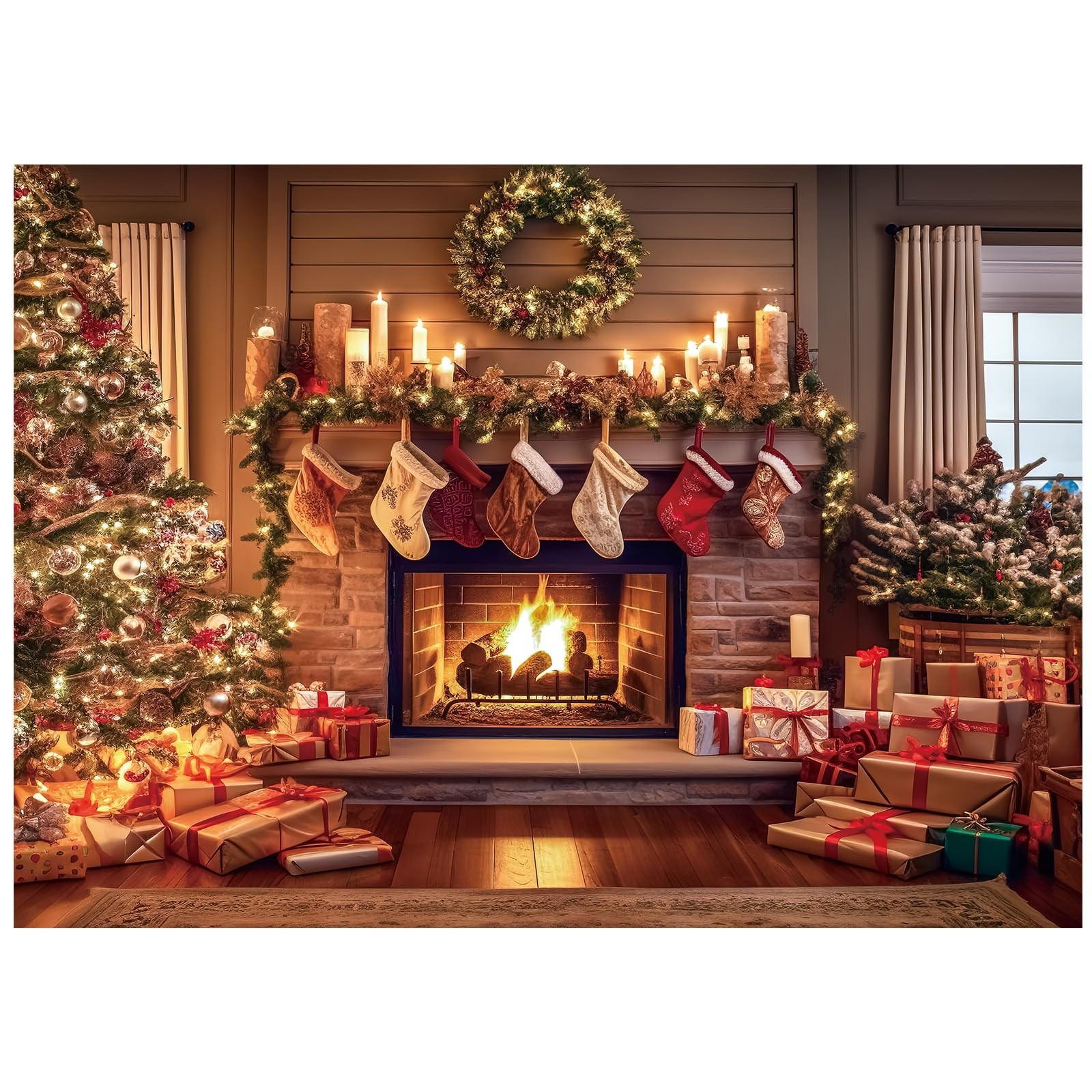 Christmas Fireplace Backdrop Christmas Xmas Tree Stocking Polyester Backgroun…