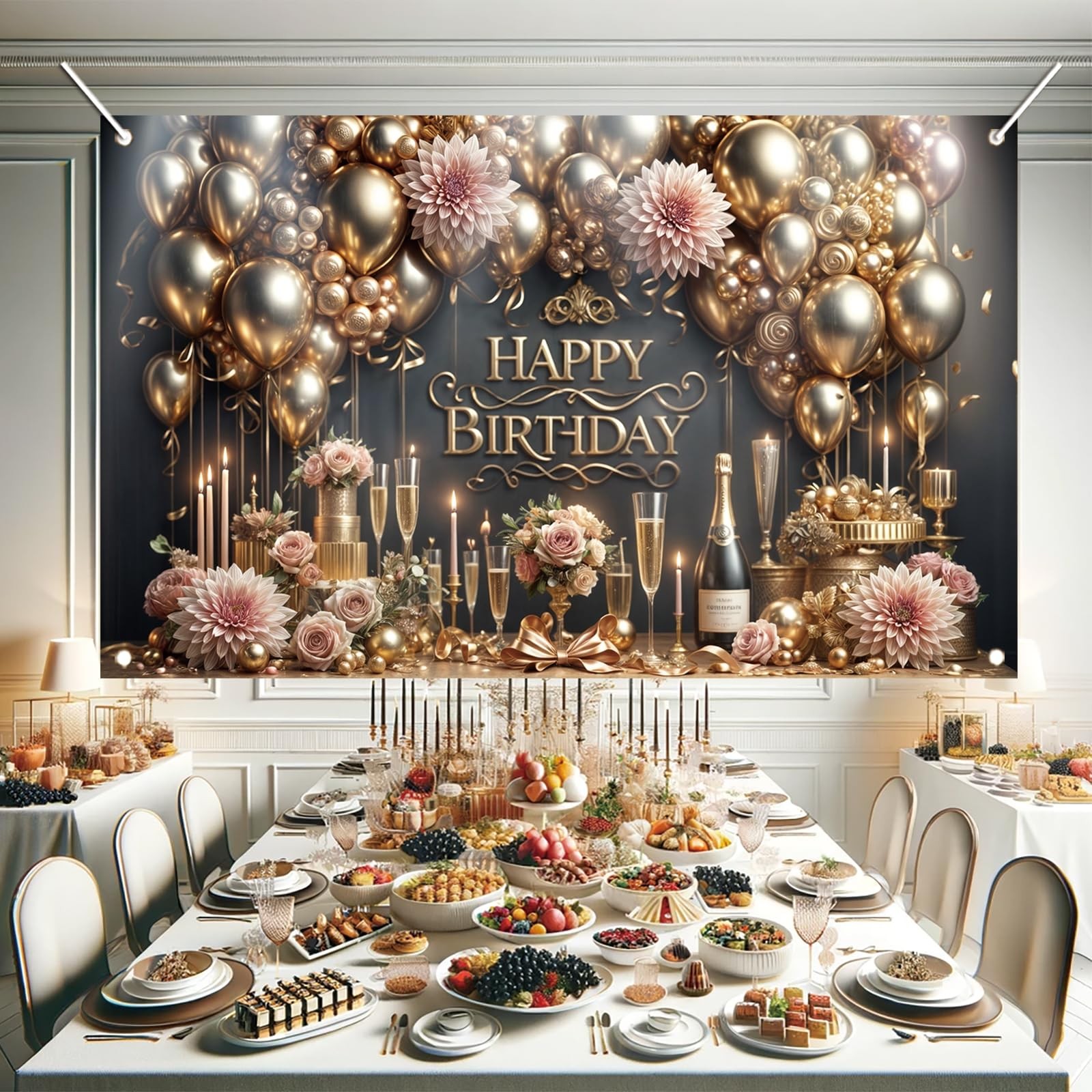 Starlit Patio Luxury Happy Birthday Backdrop Black Gold Party Decoration Elegant