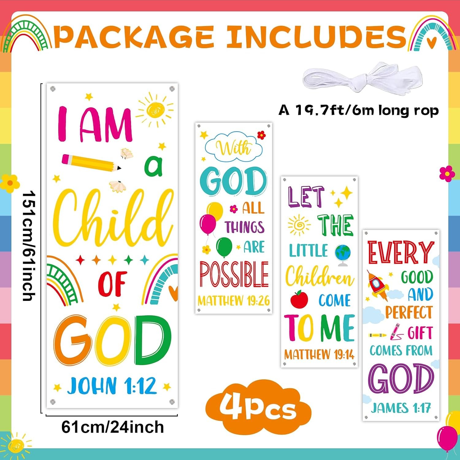 4PCS Church Banners with Scripture Religious Bible Verse Backdrops for Kids Chri