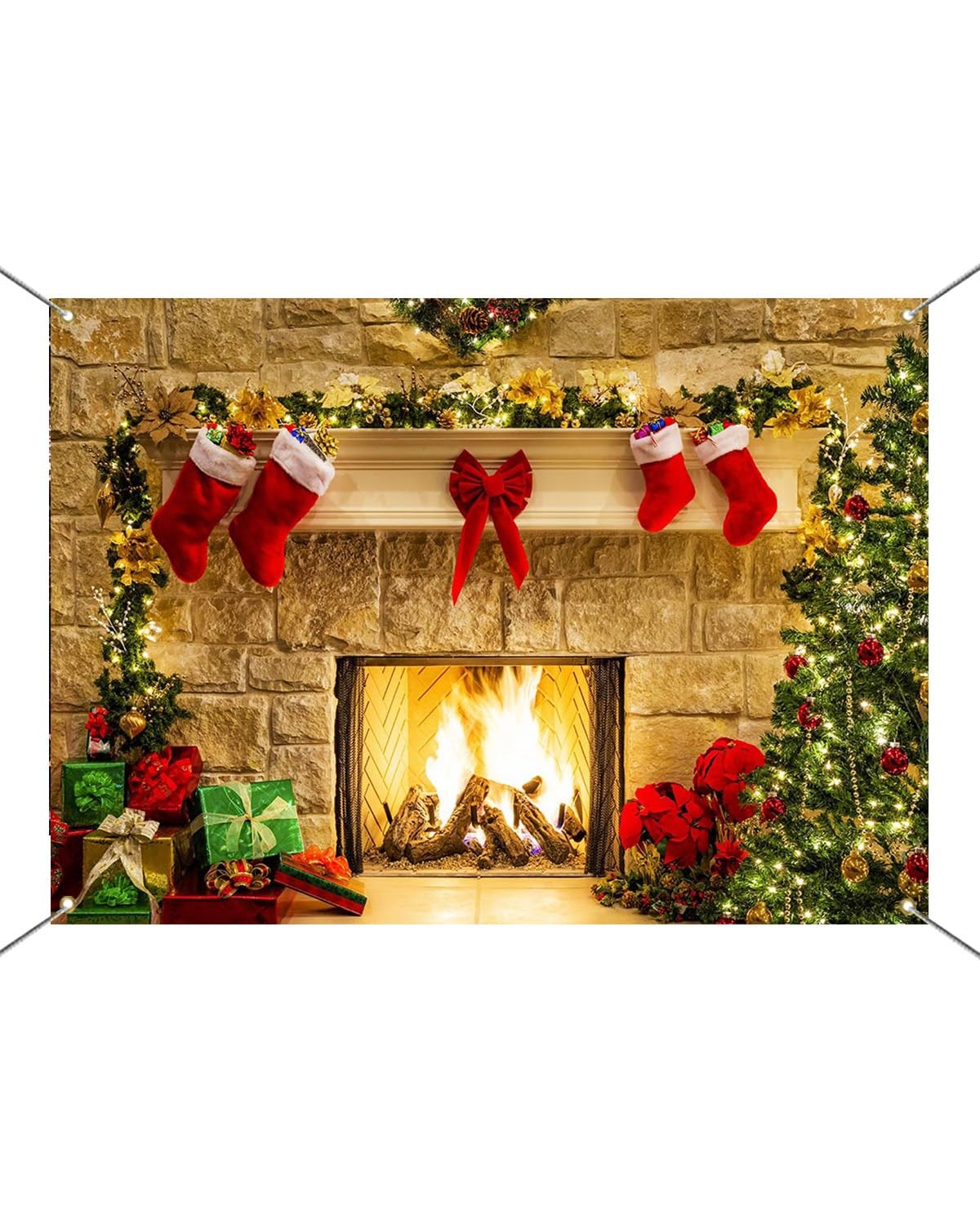 7x5ft Christmas Fireplace Photography Backdrop, Tree Gift Box Holiday Background