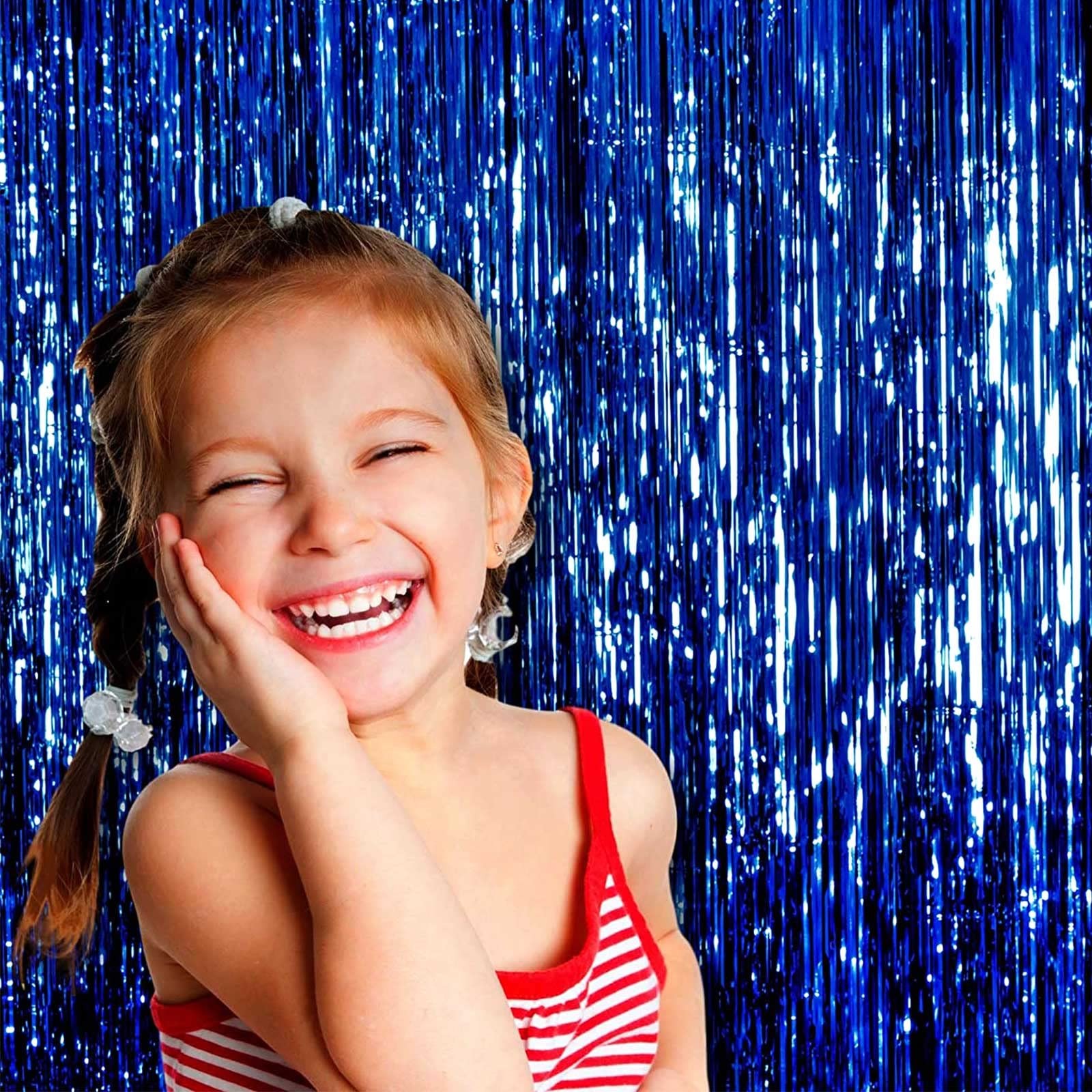 4 Pack Blue Foil Fringe Curtain Backdrop Metallic Tinsel Photo Booth Props