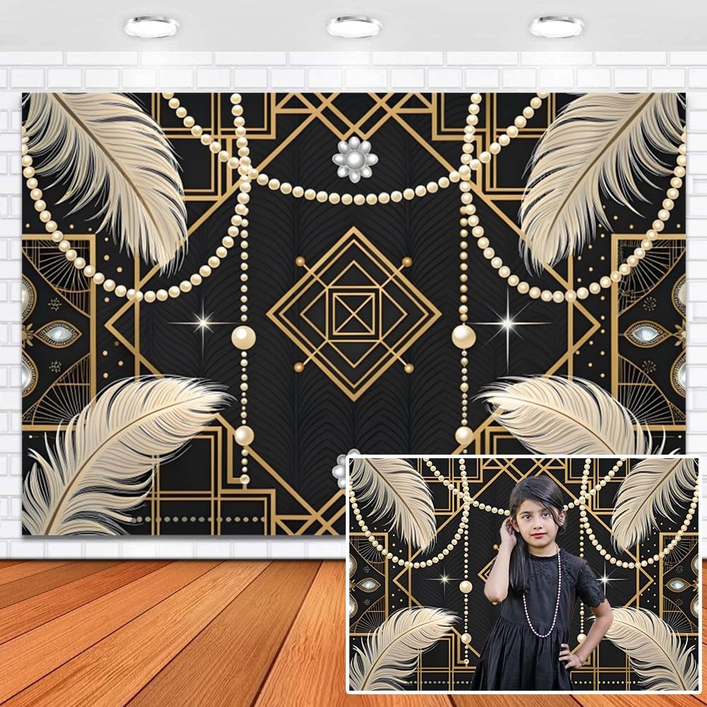 10x7ft Vinyl Retro Black Gold 1920s Roaring 20s Feather Photography Backdrop