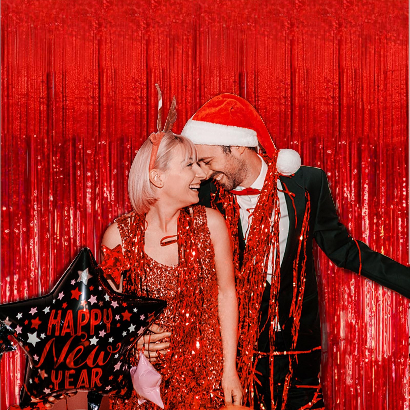 2 Pack Foil Curtain Backdrop Red Metallic Tinsel Fringe 2 PCS,