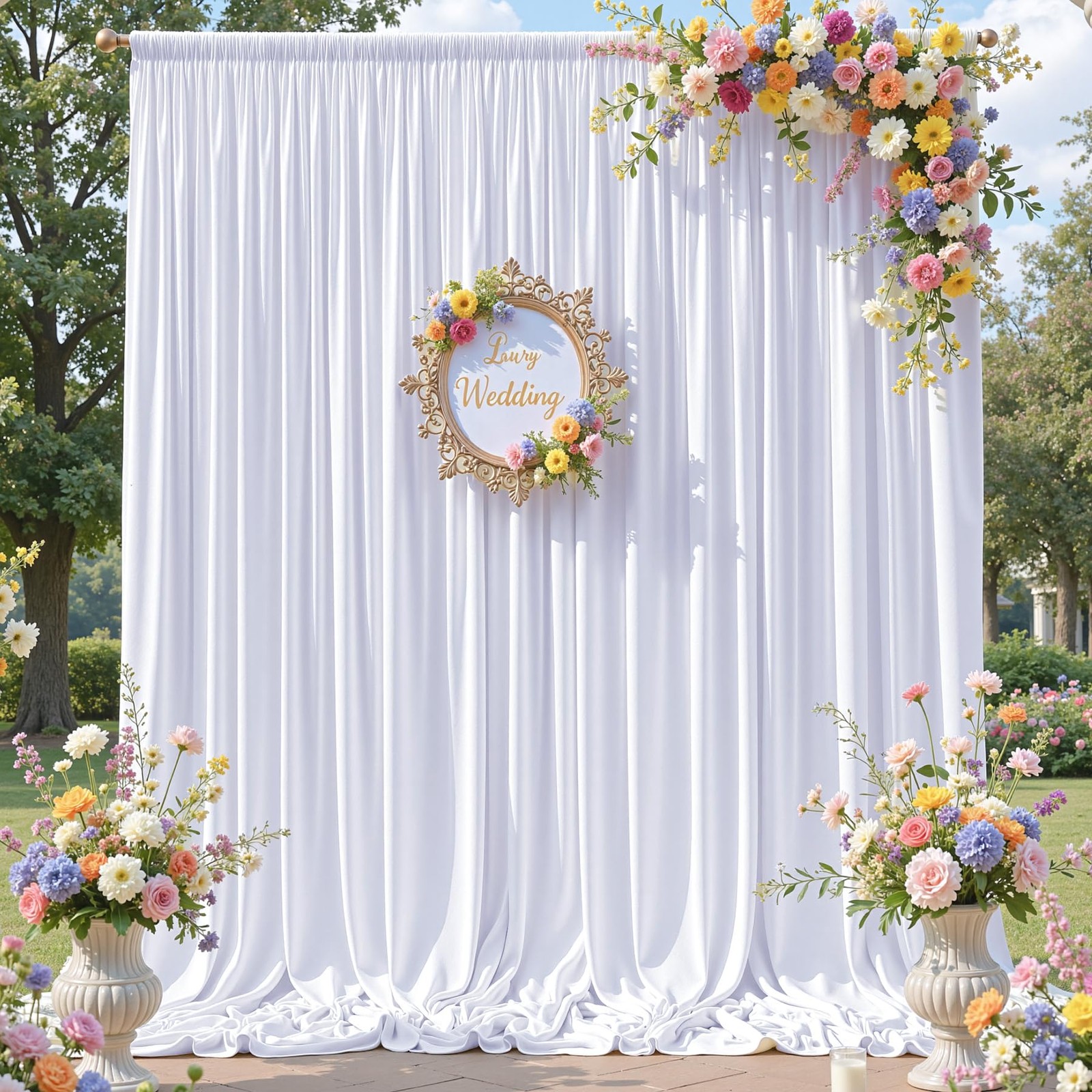 50×14 ft White Wrinkle Free Backdrop Curtain for 14ft Long_10 Panels,