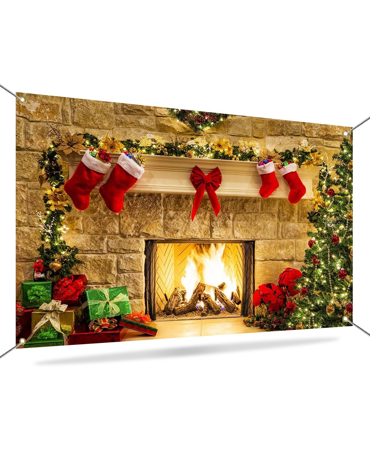 7x5ft Christmas Fireplace Photography Backdrop, Tree Gift Box Holiday Background
