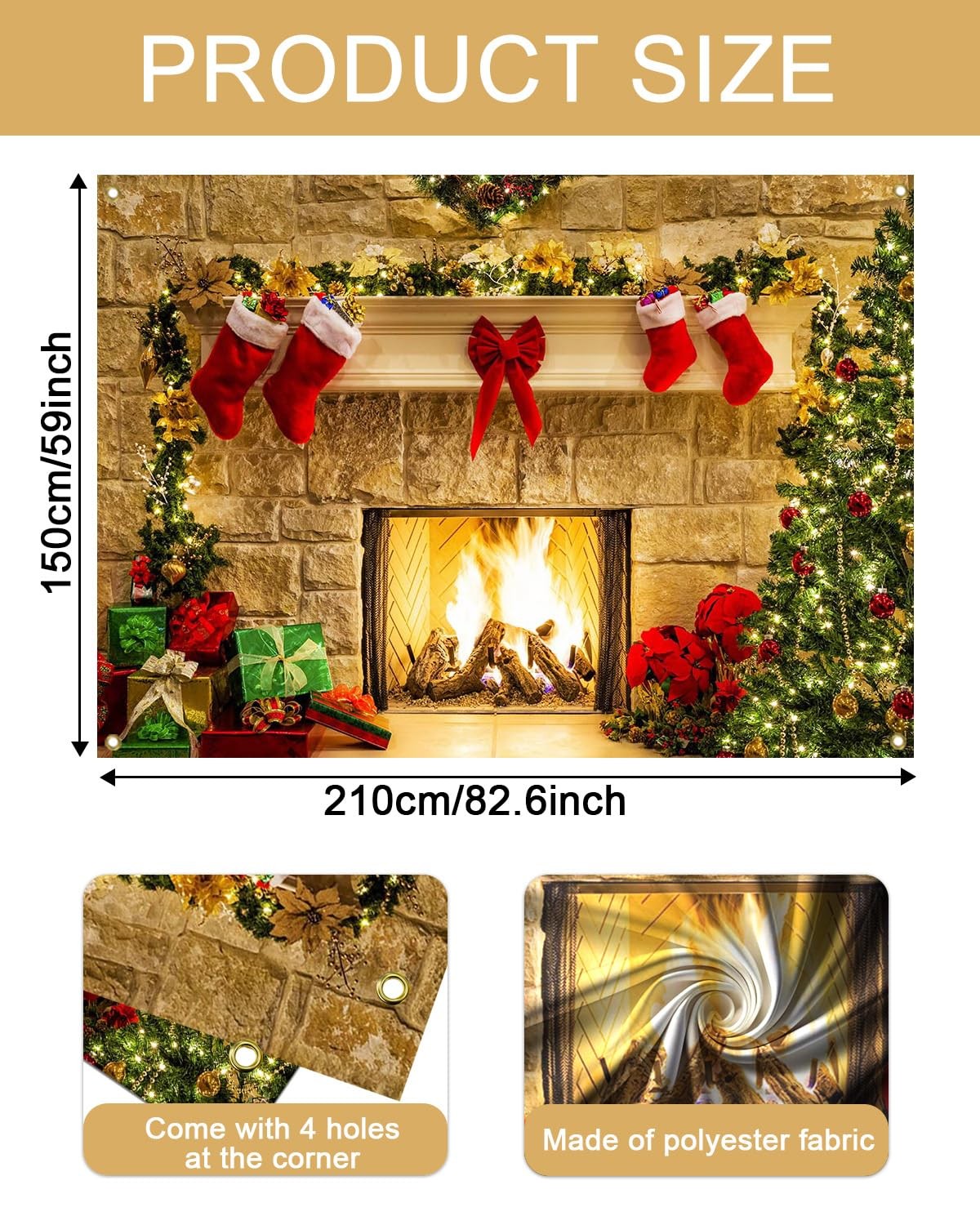 7x5ft Christmas Fireplace Photography Backdrop, Tree Gift Box Holiday Background