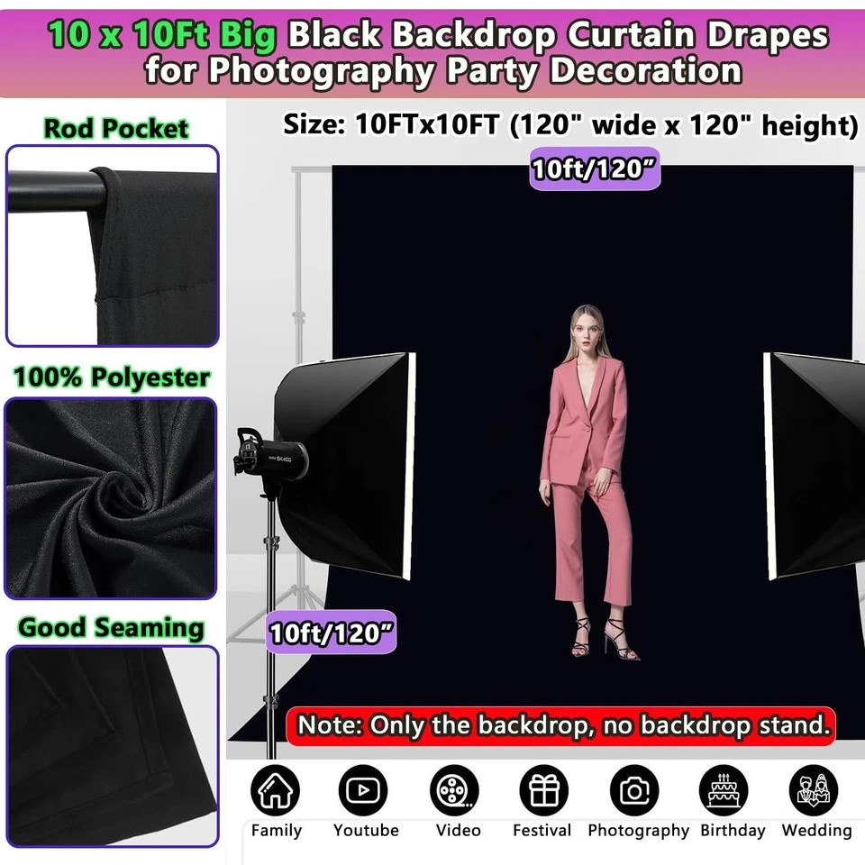Black Backdrop 10 X 10 Ft, Solid Black Photo Backdrop, High Density Polyester…