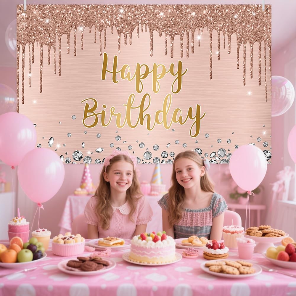 Happy Birthday Backdrop 5.9×3.6ft Pink Rose Gold Glitter Photography Decor