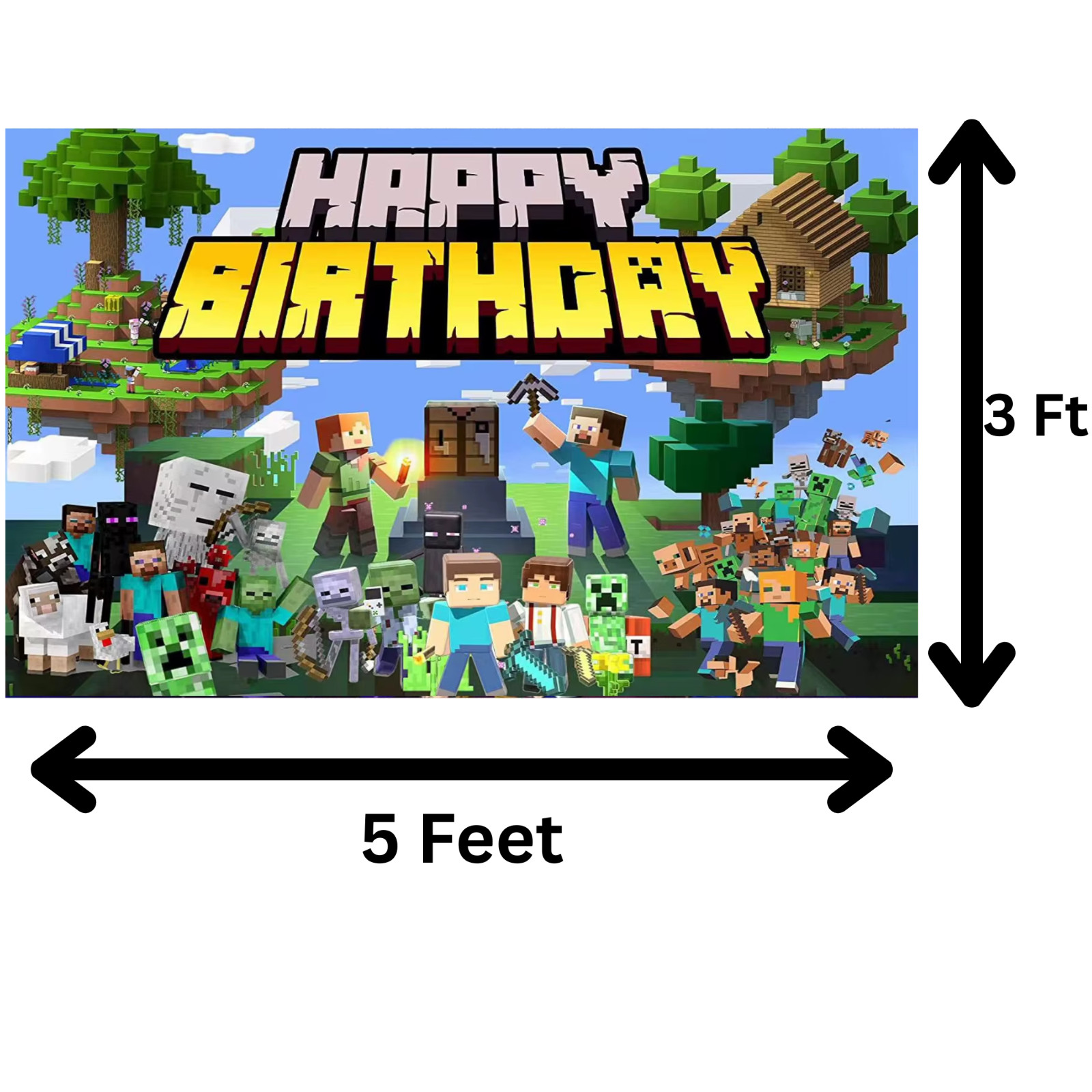 Minecraft Theme 5×3 Foot Happy Birthday Photo Backdrop Banner