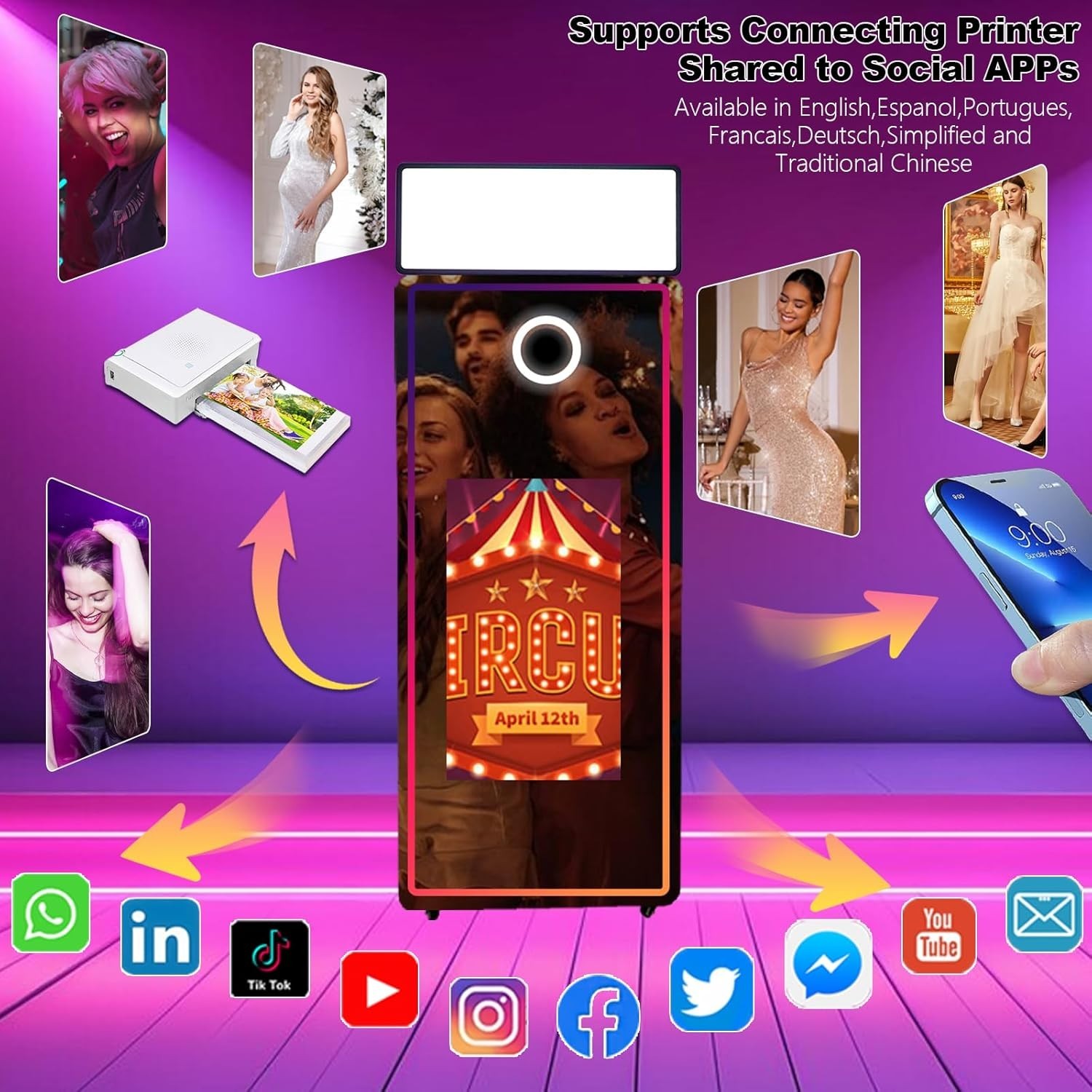 63” Mirror Photo Booth,32” Interactive Touch Screen with Square Light and RGB
