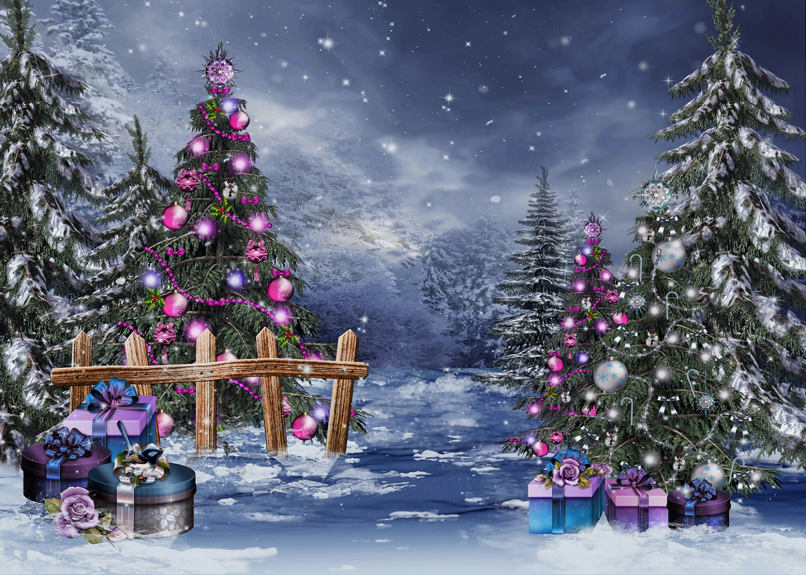 Winter Snow Forest Backdrop Purple Christmas Ball Gifts Background Studio Props