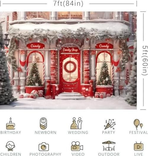 Christmas Candy Shop Backdrop – Winter Snow Scene – Merry Christmas 8x6ft