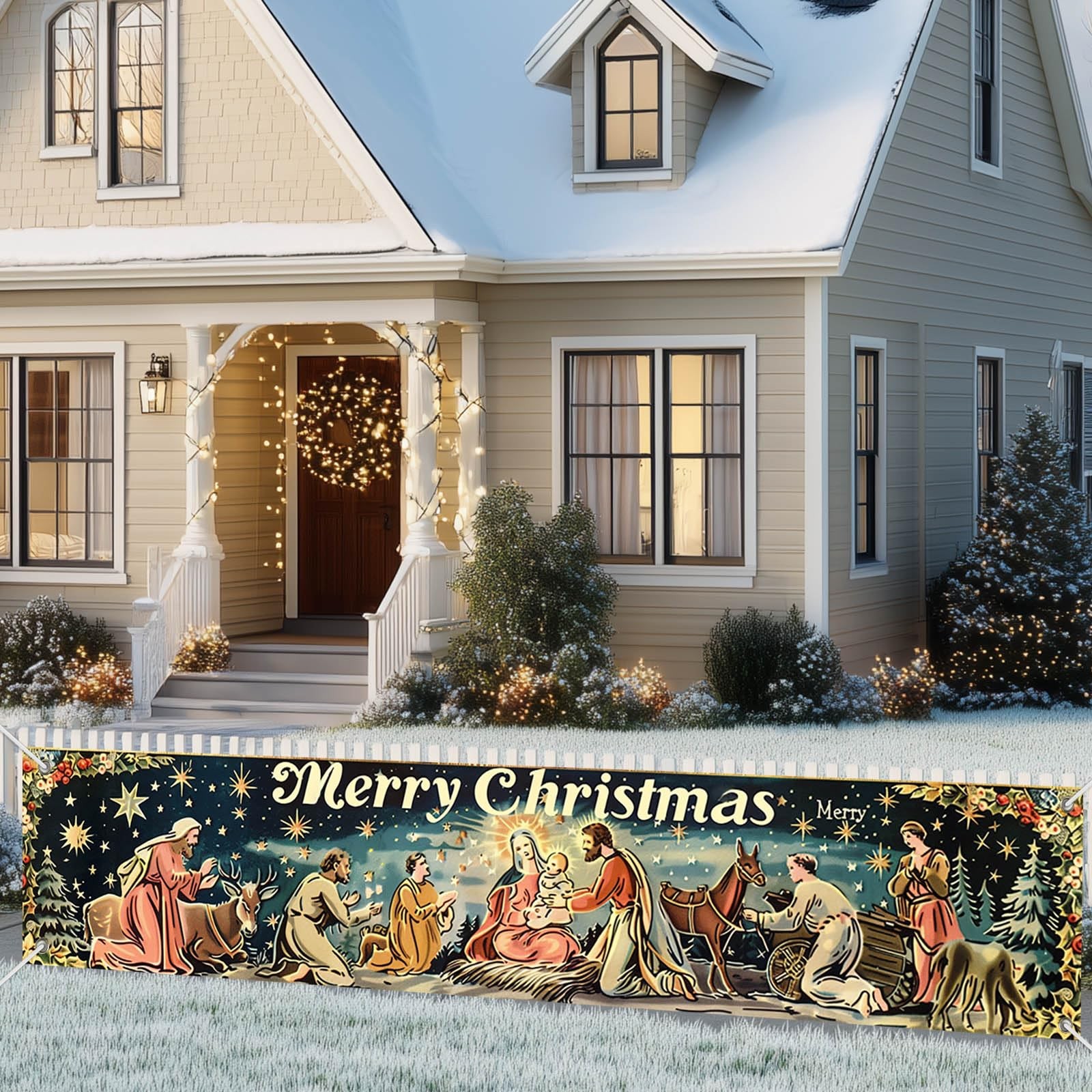 BlissYard Large Merry Christmas Banner 78×18 Inch Nativity Christmas#2