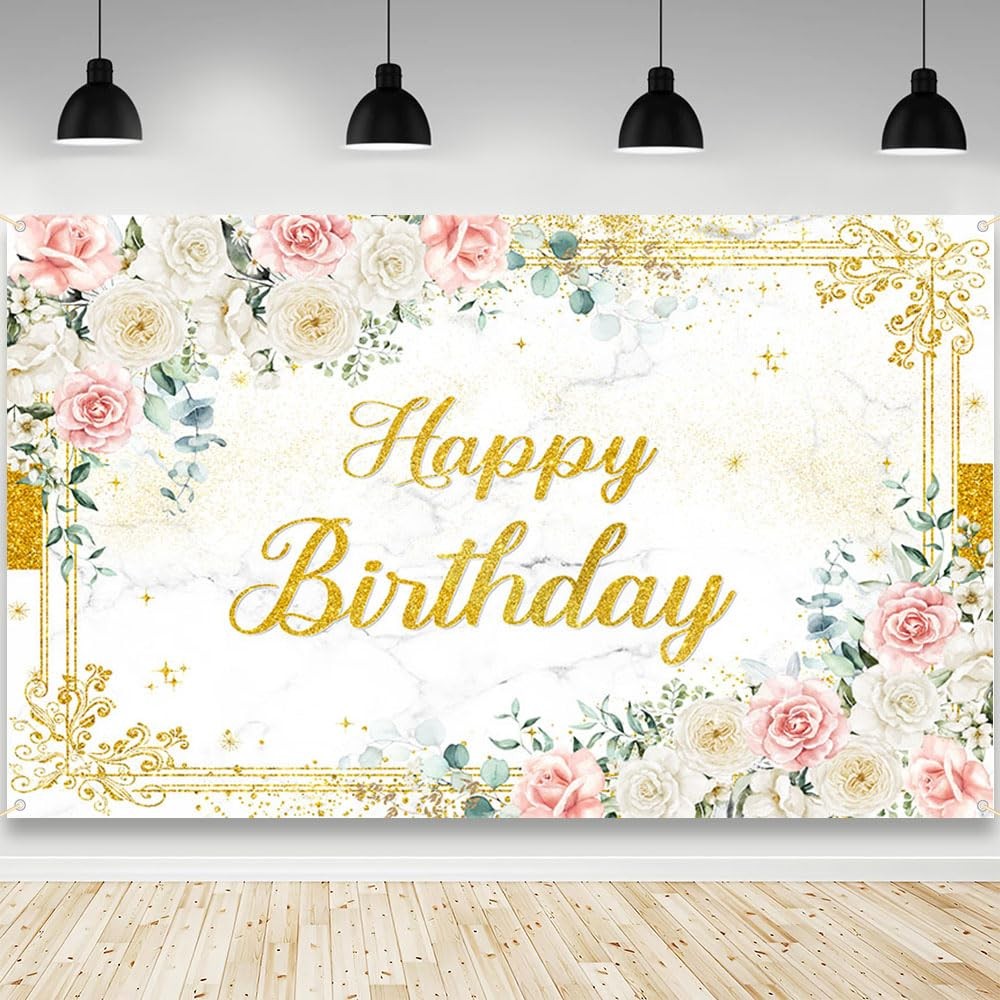 6×3.6ft Happy Birthday Backdrop for Girl Women Photography Background Flower Whi