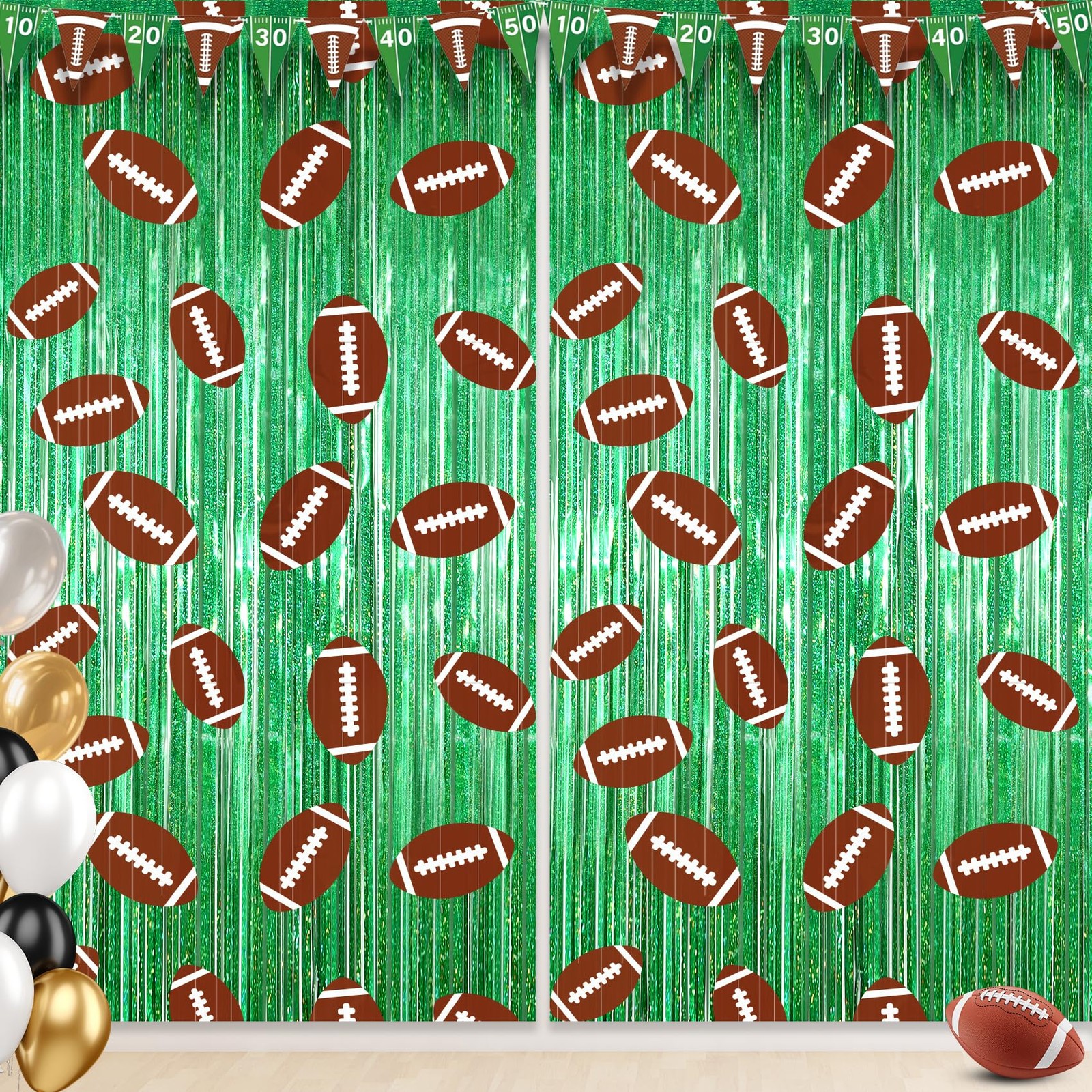 2 Pack Football Party Decorations Tinsel Backdrop Football Foil Fringe Curtains