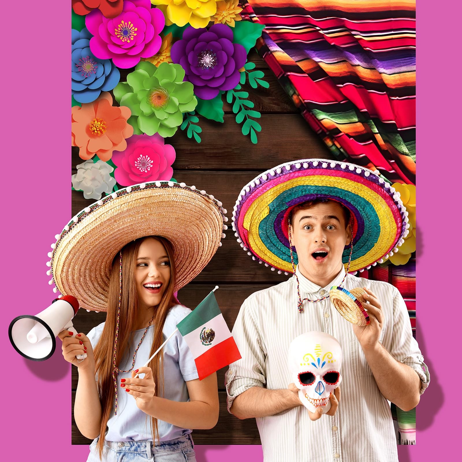 8x5ft Mexican Fiesta Theme Backdrop Cinco De Mayo Flowers Wood Grain Photo Prop