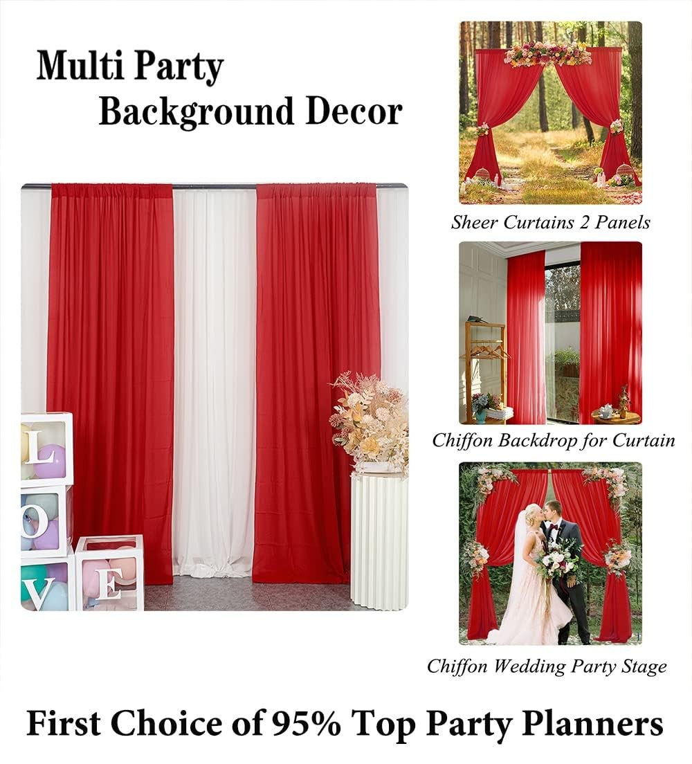 2 Panels Red Chiffon Backdrop Curtain 29×96 Inch Wedding Drapes Beach Voile