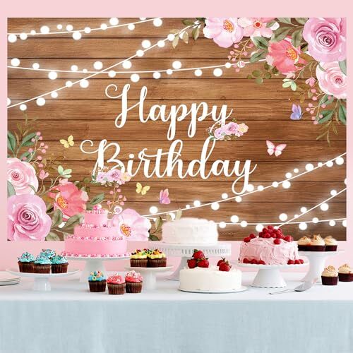 Happy Birthday Backdrop for Women Rustic Wooden Pink Floral Butterfly 7x5Ft S1