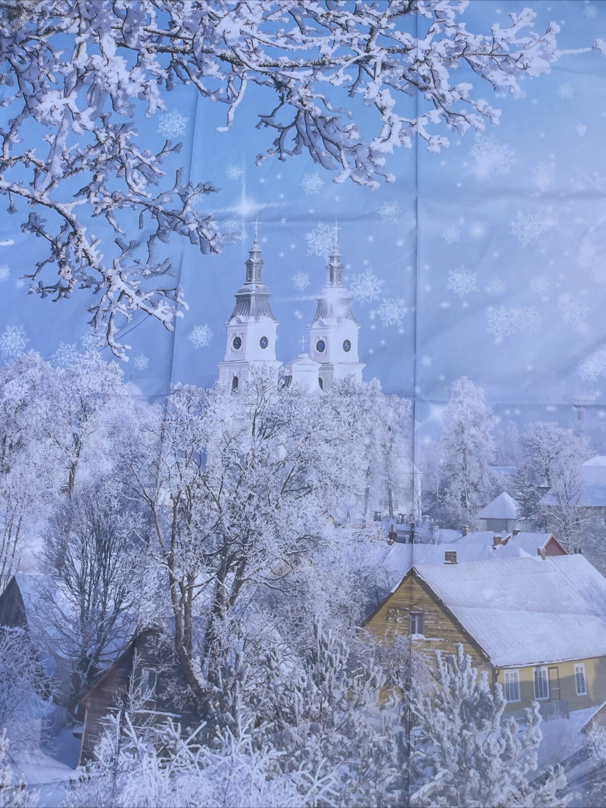 Winter cityscape snow blue backdrop fabric 5×7