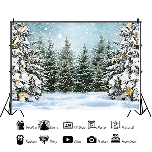 Snowy Christmas Pine Tree Snowflake Backdrop – 10x7ft – Winter Forest
