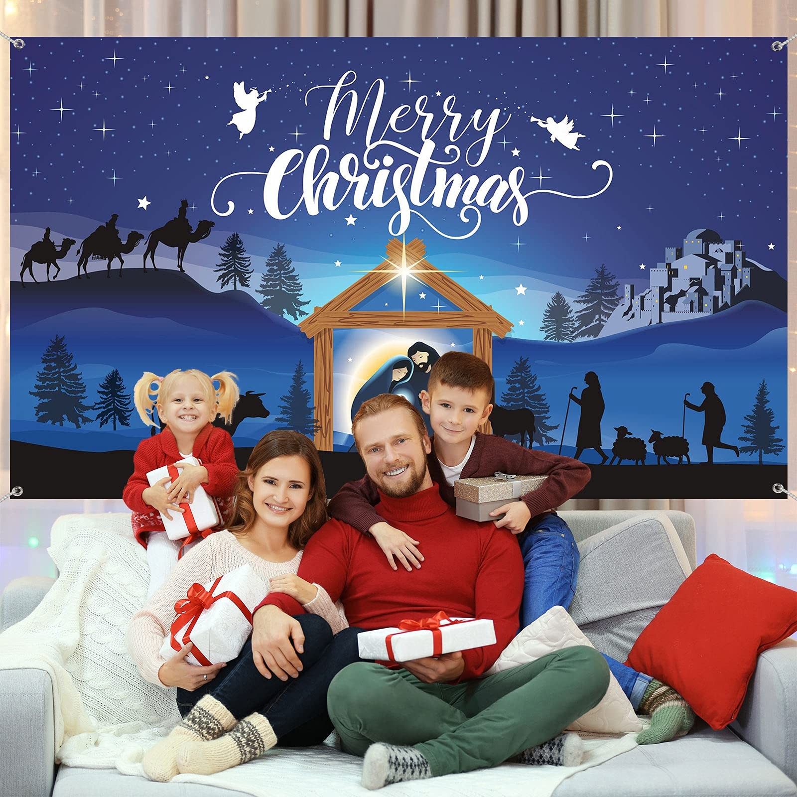 Merry Christmas Nativity Scene Banner – Large Blue Backdrop Large, Blue,White