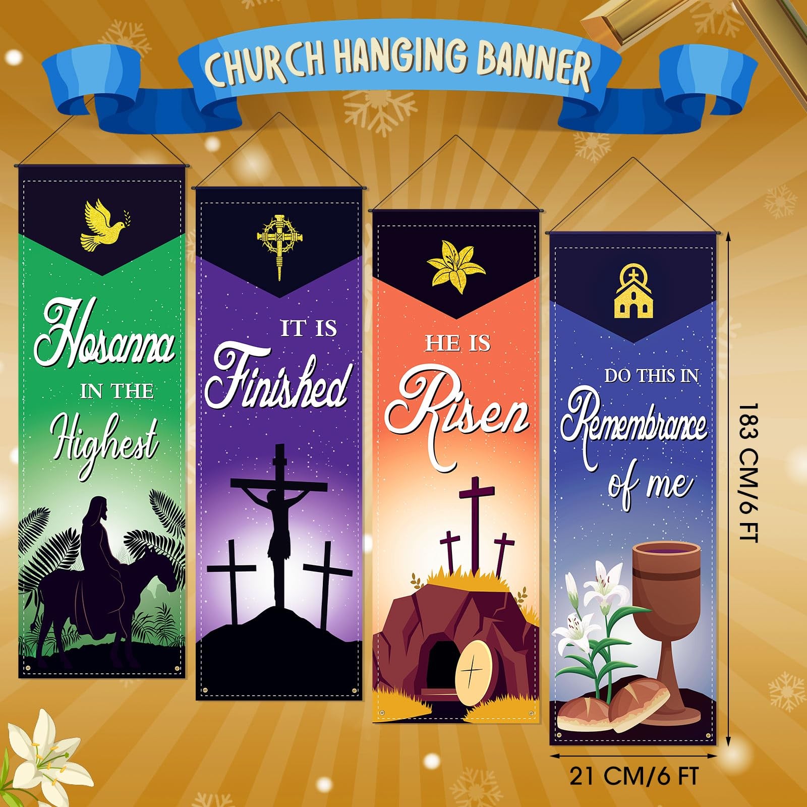 4 Pcs Easter Church Banners, 2 x 6 Feet Resurrection of Jesus Banner for Sanc…