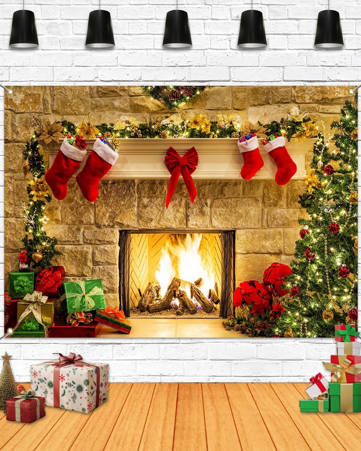 7x5ft Christmas Fireplace Photography Backdrop, Tree Gift Box Holiday Background
