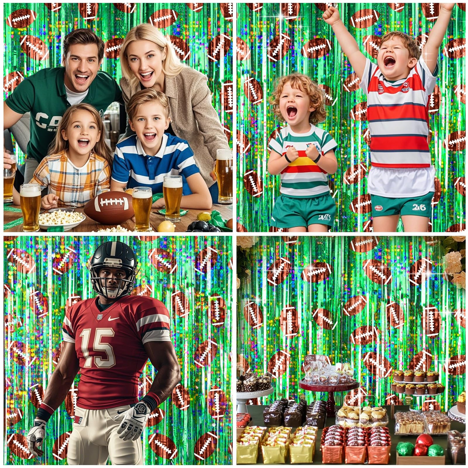 2 Pack Football Party Decorations Tinsel Backdrop Football Foil Fringe Curtains