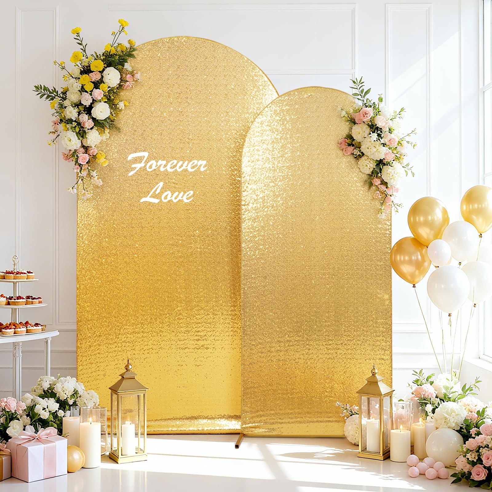 Arch Backdrop Cover Set of 3, 7.2FT 6.6FT 6FT Gold Bling Sequin Backdrop, Rou…