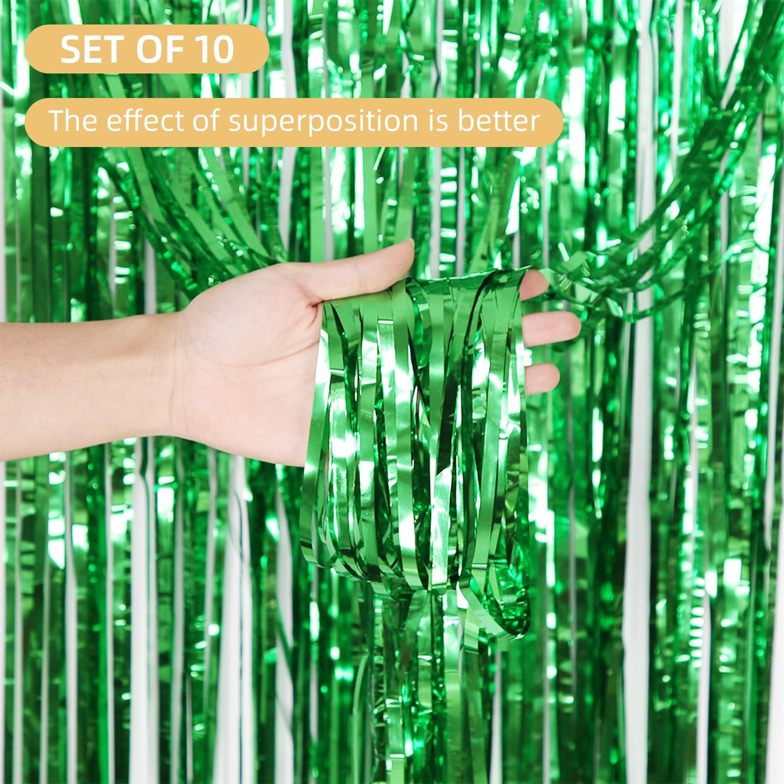 10 Pack 3.2×9.8 Ft Green Foil Fringe Curtains Metallic Tinsel Backdrop