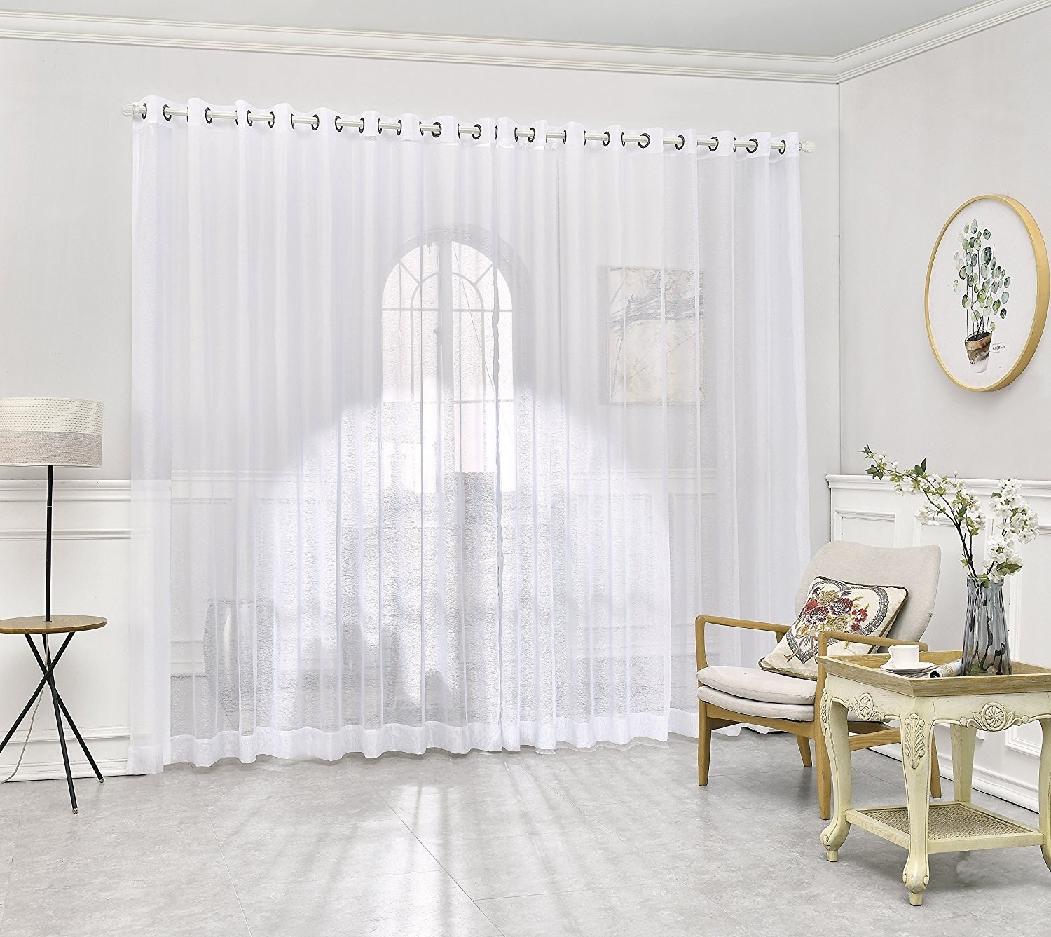 Sheer White Room Divider Curtains 108 x 100 Extra Large – Faux Linen for Bay