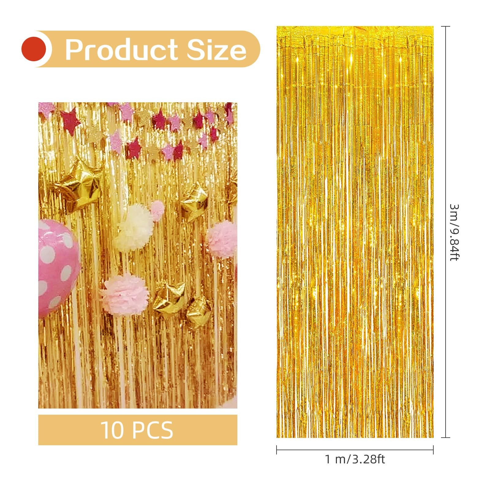New Best 10 Pack Gold Foil Curtain Backdrop 3.2ft x 9.8ft Metallic Tinsel Fringe