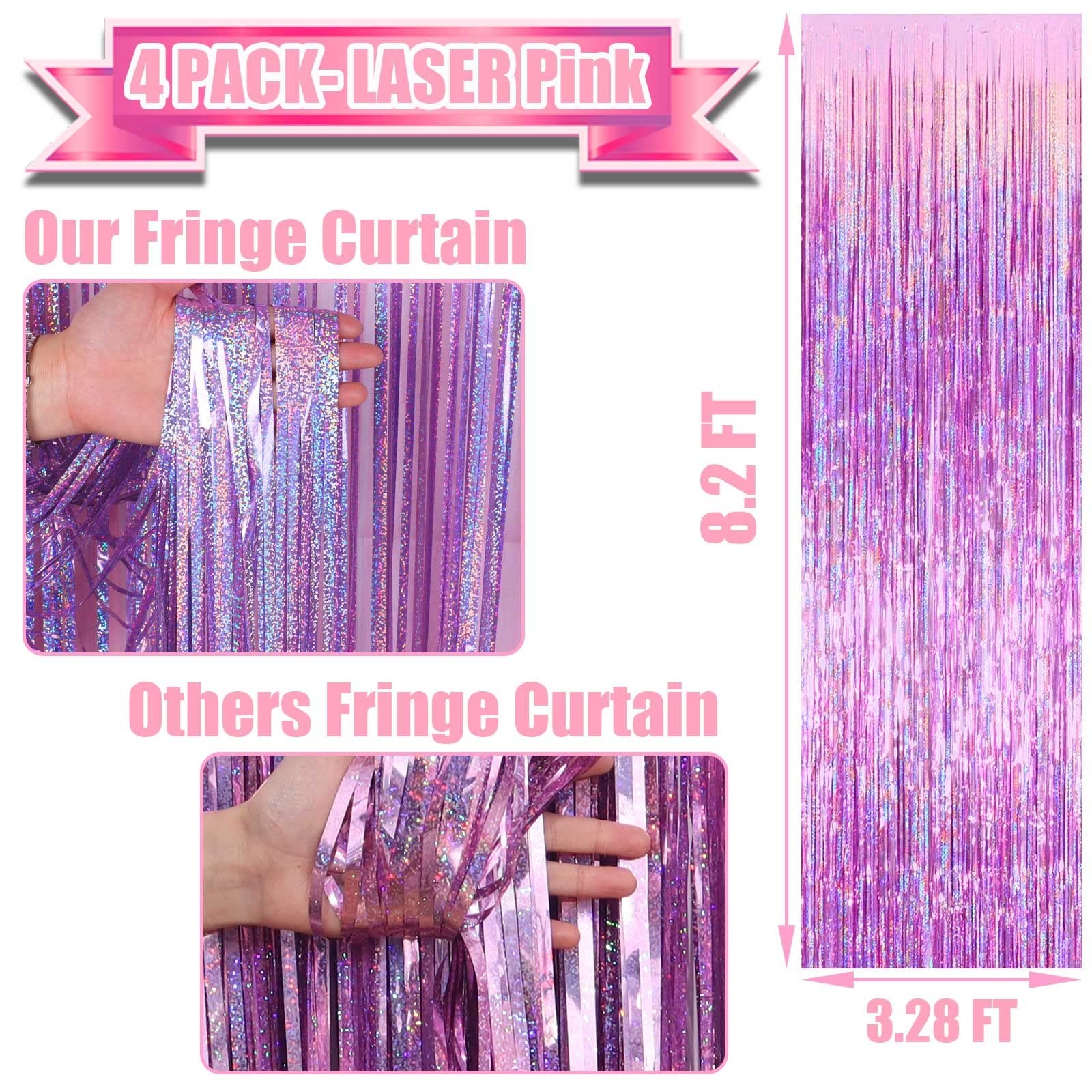 Pink Foil Fringe Curtain Backdrop 3.28×8.2 Ft Metallic Tinsel Streamer 4 PCS